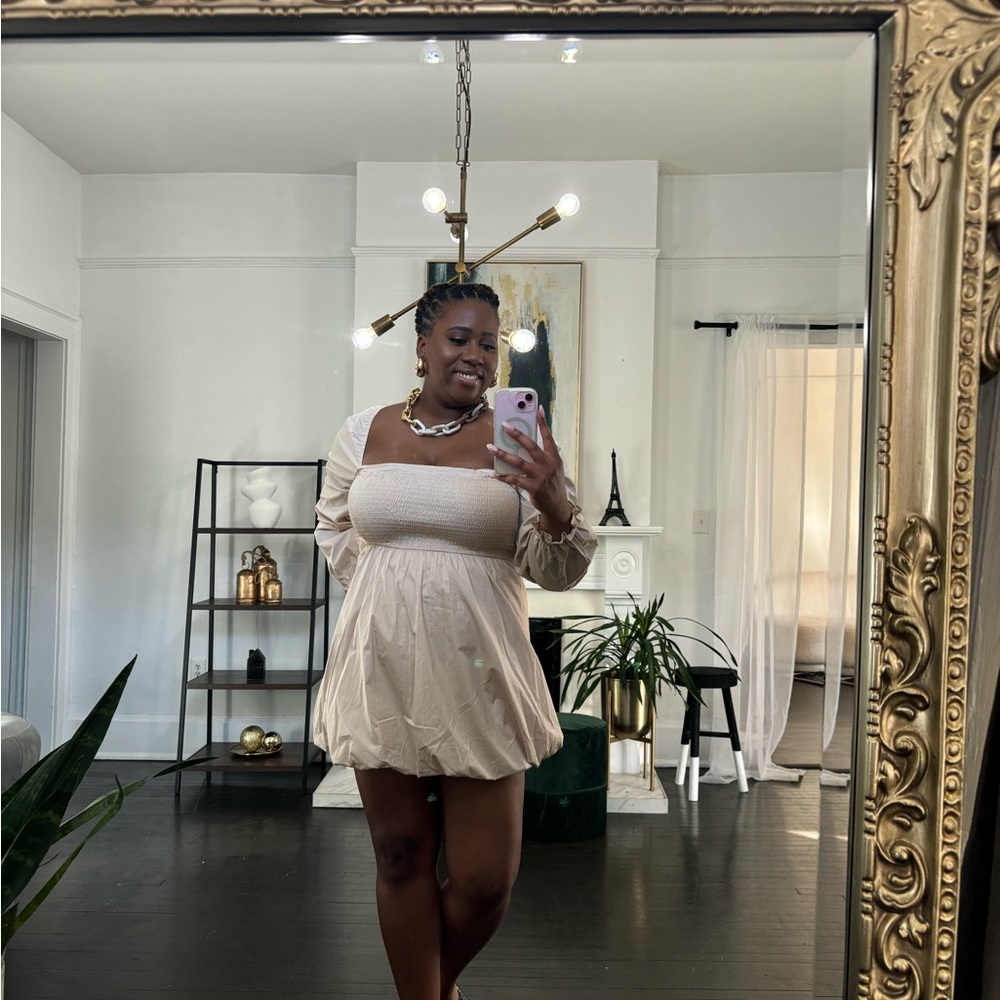 Beige balloon long sleeve mini dress | Posh Show
